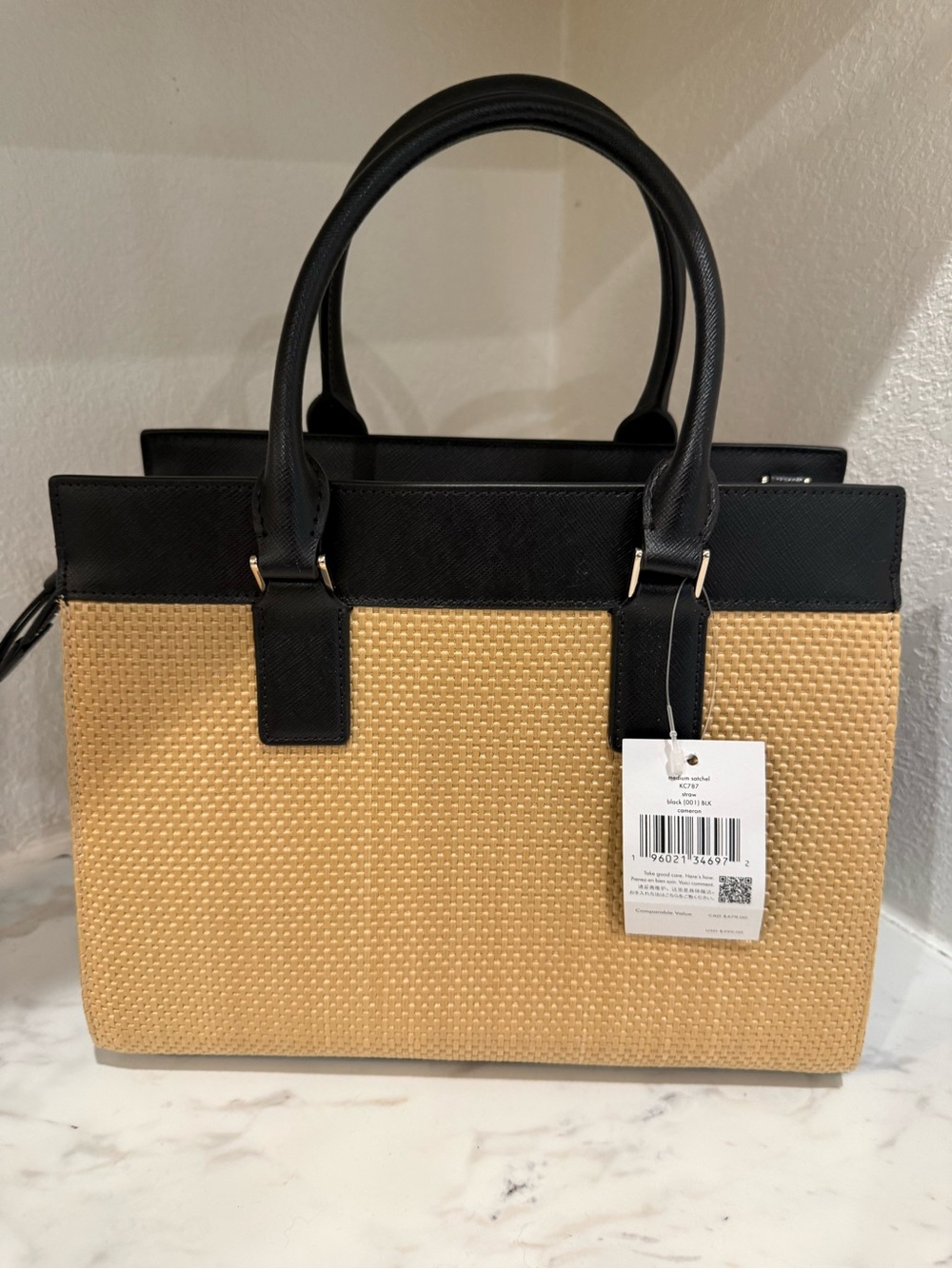 Kate Spade Black & Natural Straw Cameron Satchel - Picture 2 of 7